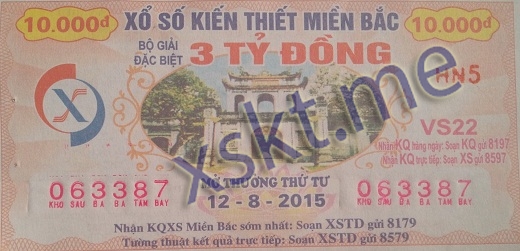 Mẫu vé sô xổ số Miền Bắc ngày 12/8/2015
