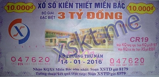 Mẫu vé sô xổ số Miền Bắc ngày 14/1/2016