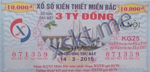 Mẫu vé sô xổ số Miền Bắc ngày 14/3/2015