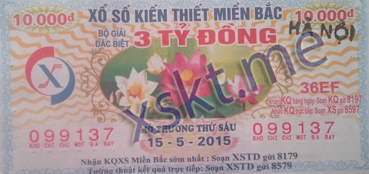 Mẫu vé sô xổ số Miền Bắc ngày 15/5/2015