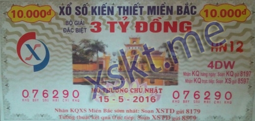 Mẫu vé sô xổ số Miền Bắc ngày 15/5/2016