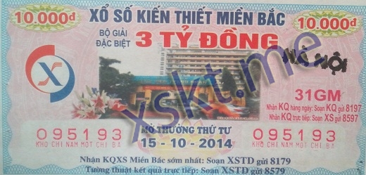 Mẫu vé sô xổ số Miền Bắc ngày 15/10/2014