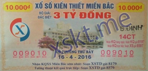Mẫu vé sô xổ số Miền Bắc ngày 16/4/2016