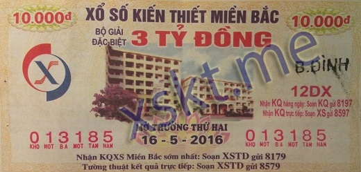 Mẫu vé sô xổ số Miền Bắc ngày 16/5/2016