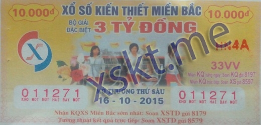 Mẫu vé sô xổ số Miền Bắc ngày 16/10/2015