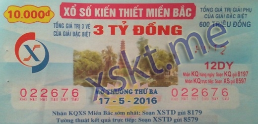 Mẫu vé sô xổ số Miền Bắc ngày 17/5/2016