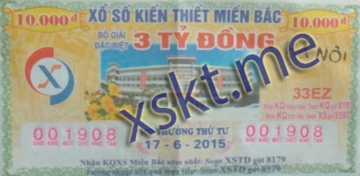 Mẫu vé sô xổ số Miền Bắc ngày 17/6/2015