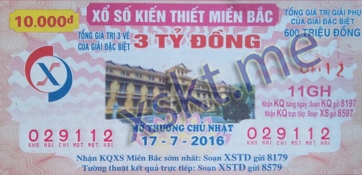 Mẫu vé sô xổ số Miền Bắc ngày 17/7/2016