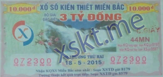 Mẫu vé sô xổ số Miền Bắc ngày 18/5/2015