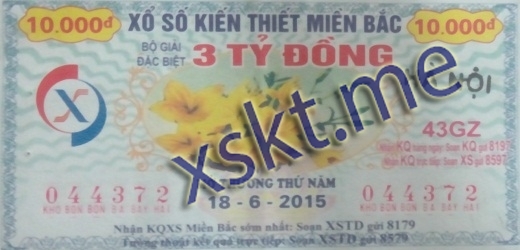 Mẫu vé sô xổ số Miền Bắc ngày 18/6/2015