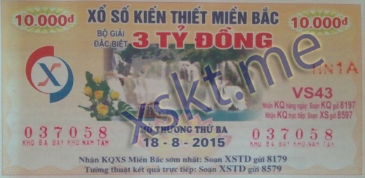 Mẫu vé sô xổ số Miền Bắc ngày 18/8/2015