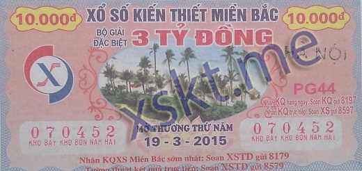 Mẫu vé sô xổ số Miền Bắc ngày 19/3/2015