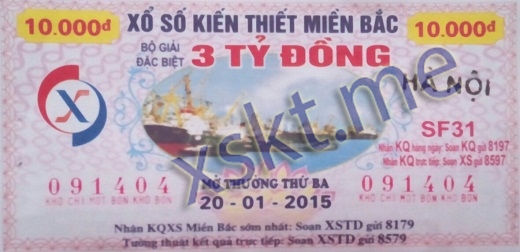 Mẫu vé sô xổ số Miền Bắc ngày 20/1/2015