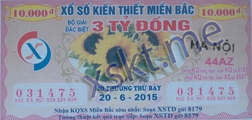 Mẫu vé sô xổ số Miền Bắc ngày 20/6/2015