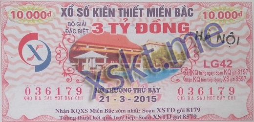 Mẫu vé sô xổ số Miền Bắc ngày 21/3/2015