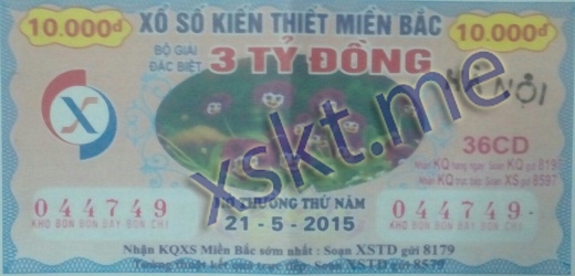 Mẫu vé sô xổ số Miền Bắc ngày 21/5/2015