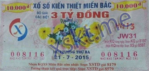 Mẫu vé sô xổ số Miền Bắc ngày 21/7/2015