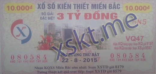 Mẫu vé sô xổ số Miền Bắc ngày 22/8/2015