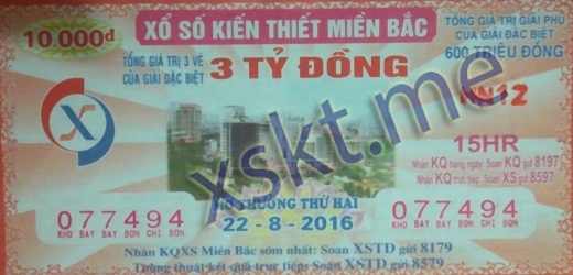 Mẫu vé sô xổ số Miền Bắc ngày 22/8/2016