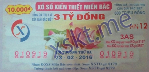Mẫu vé sô xổ số Miền Bắc ngày 23/2/2016