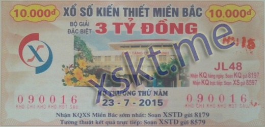 Mẫu vé sô xổ số Miền Bắc ngày 23/7/2015