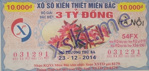 Mẫu vé sô xổ số Miền Bắc ngày 23/12/2014