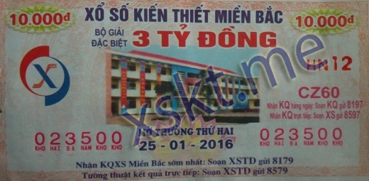 Mẫu vé sô xổ số Miền Bắc ngày 25/1/2016