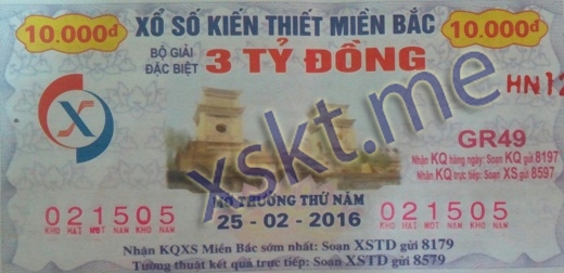 Mẫu vé sô xổ số Miền Bắc ngày 25/2/2016
