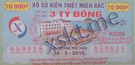 Mẫu vé sô xổ số Miền Bắc ngày 26/3/2015