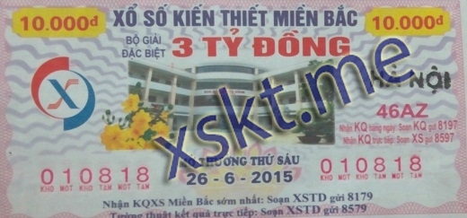 Mẫu vé sô xổ số Miền Bắc ngày 26/6/2015