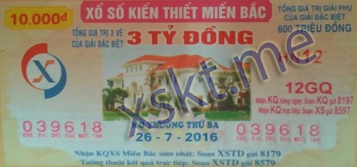 Mẫu vé sô xổ số Miền Bắc ngày 26/7/2016
