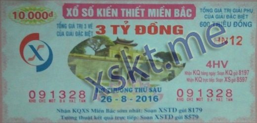 Mẫu vé sô xổ số Miền Bắc ngày 26/8/2016