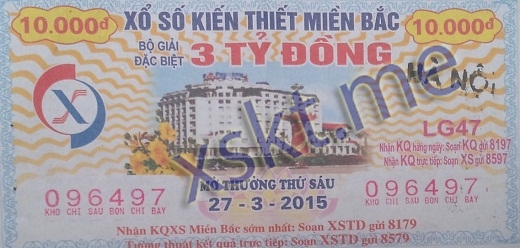 Mẫu vé sô xổ số Miền Bắc ngày 27/3/2015