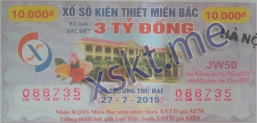 Mẫu vé sô xổ số Miền Bắc ngày 27/7/2015
