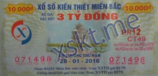 Mẫu vé sô xổ số Miền Bắc ngày 28/1/2016