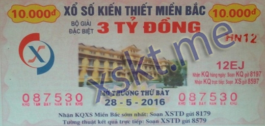 Mẫu vé sô xổ số Miền Bắc ngày 28/5/2016