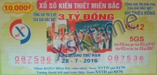 Mẫu vé sô xổ số Miền Bắc ngày 28/7/2016