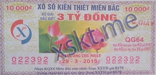 Mẫu vé sô xổ số Miền Bắc ngày 29/3/2015