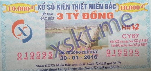 Mẫu vé sô xổ số Miền Bắc ngày 30/1/2016