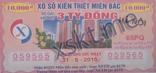 Mẫu vé sô xổ số Miền Bắc ngày 31/5/2015