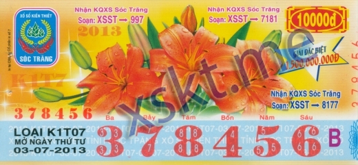 Mẫu vé sô xổ số Sóc Trăng ngày 3/7/2013