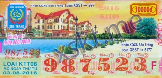 Mẫu vé sô xổ số Sóc Trăng ngày 3/8/2016