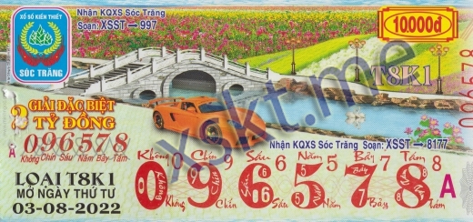 Mẫu vé sô xổ số Sóc Trăng ngày 3/8/2022