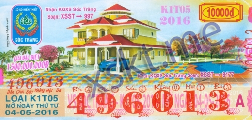 Mẫu vé sô xổ số Sóc Trăng ngày 4/5/2016
