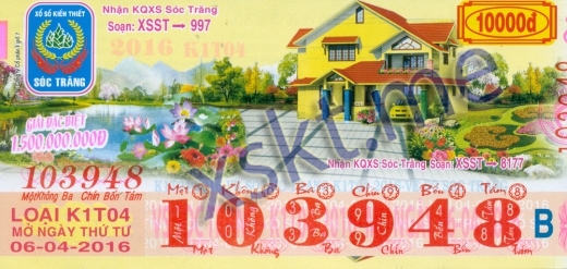 Mẫu vé sô xổ số Sóc Trăng ngày 6/4/2016