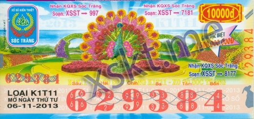 Mẫu vé sô xổ số Sóc Trăng ngày 6/11/2013