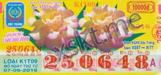 Mẫu vé sô xổ số Sóc Trăng ngày 7/9/2016