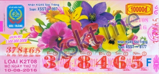 Mẫu vé sô xổ số Sóc Trăng ngày 10/8/2016