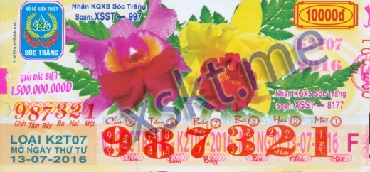 Mẫu vé sô xổ số Sóc Trăng ngày 13/7/2016