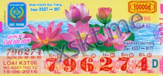 Mẫu vé sô xổ số Sóc Trăng ngày 15/6/2016